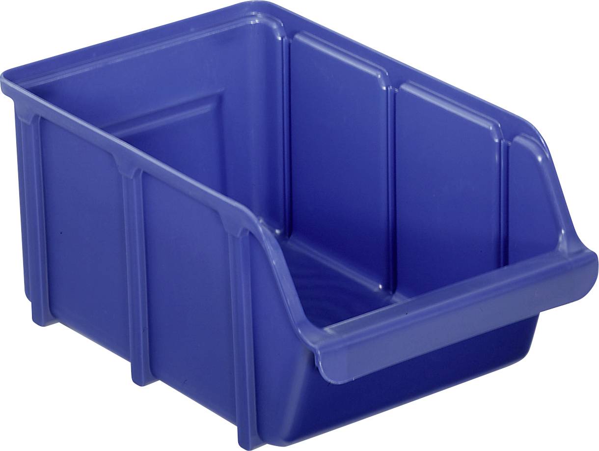Eine blaue, offene Plastik-Aufbewahrungsbox, geeignet zur Organisation von Kleinteilen, mit verstärkten Seitenwänden und einer nach vorne geneigten Front für einfachen Zugriff.