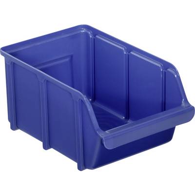 Eine blaue, offene Plastik-Aufbewahrungsbox, geeignet zur Organisation von Kleinteilen, mit verstärkten Seitenwänden und einer nach vorne geneigten Front für einfachen Zugriff.