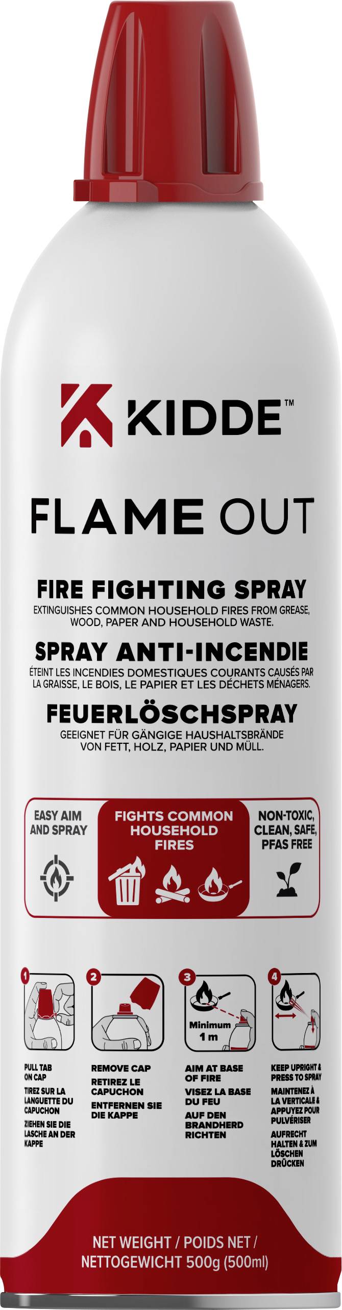 Feuerlöschsprühflasche mit der Aufschrift "Kidde Flame Out". Bietet Informationen zur Verwendung bei gängigen Bränden, mit Sicherheitssymbolen und Gebrauchsanweisungen.