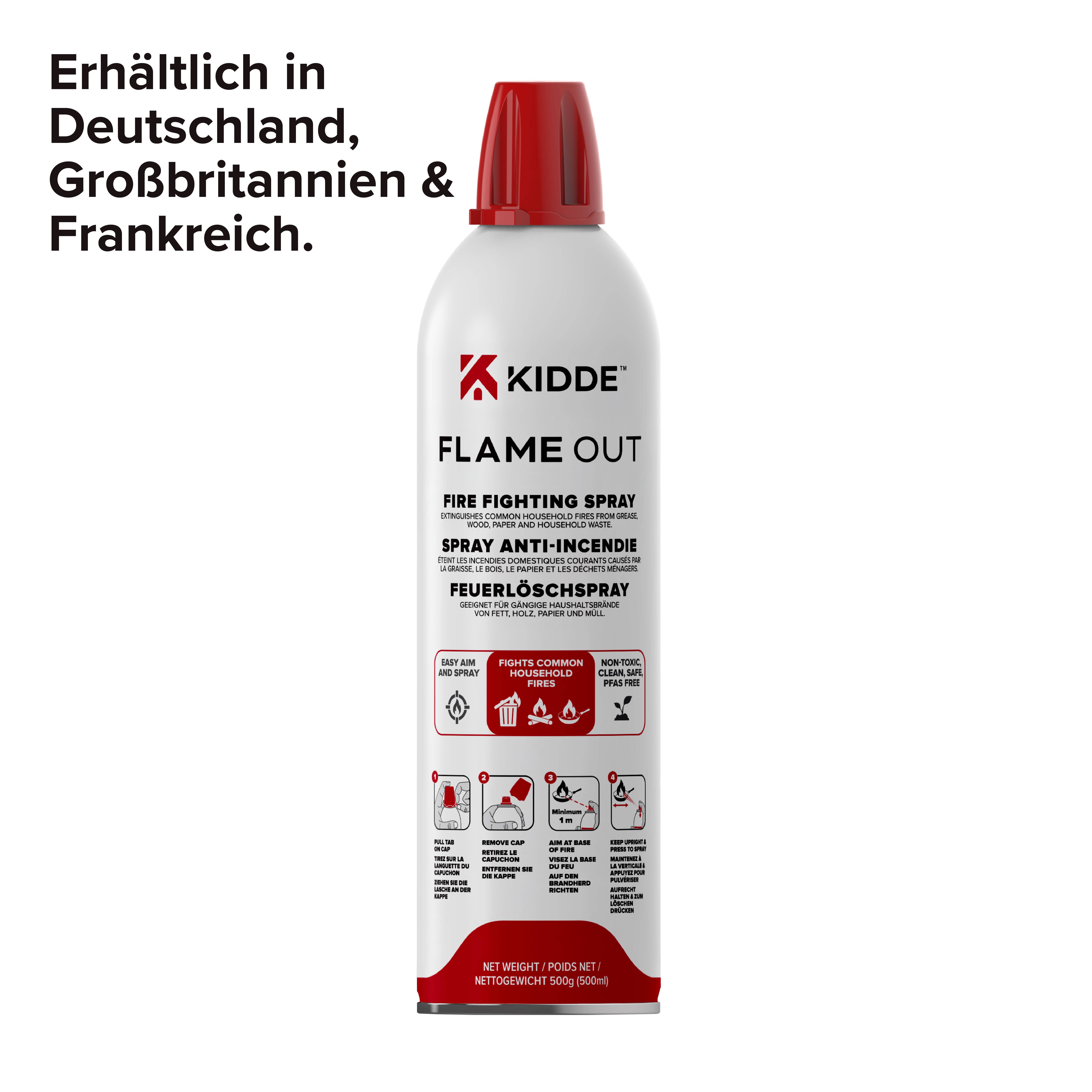 Feuerlöschspray mit mehrsprachigem Etikett, 'Flame Out', erhältlich in Deutschland, Großbritannien und Frankreich. Rot-weiße Gestaltung.