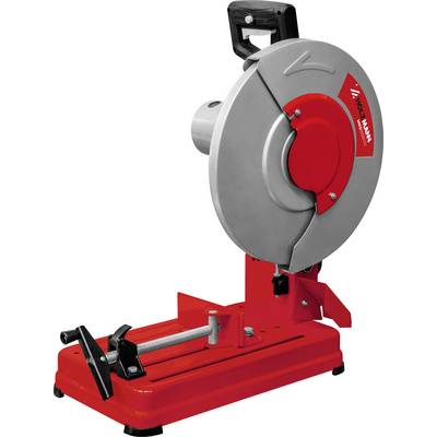 Eine rote und silberne Metallschneidemaschine mit einer Kreisklinge und einem Griff, die für präzise Schnitte auf verschiedenen Materialien entwickelt wurde.