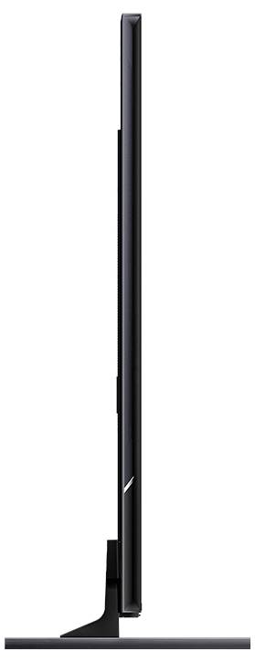 Seitenansicht eines Flachbildfernsehers, der sein schlankes Design und den minimalistischen Ständer präsentiert.