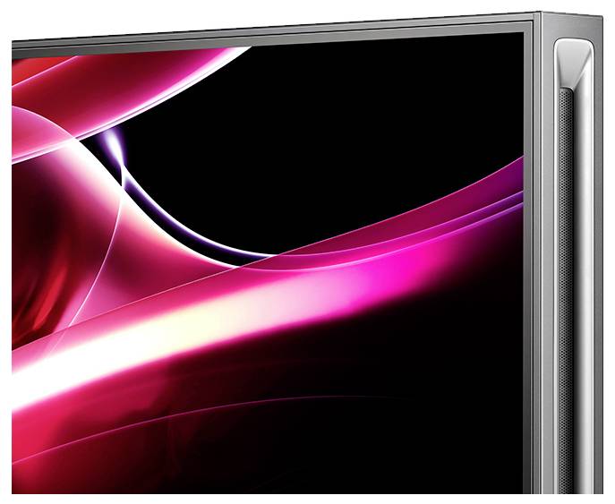 Eine Nahaufnahme der Ecke eines Flachbildschirms, die leuchtend rote und rosa abstrakte Lichtstreifen auf dem Bildschirm zeigt.