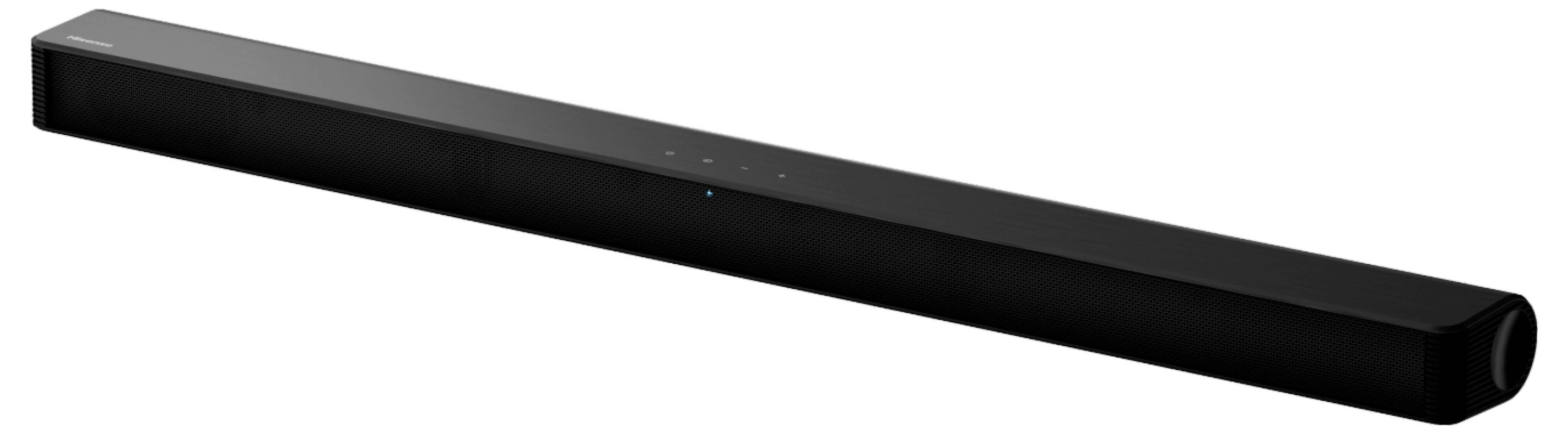 Eine schlichte schwarze Soundbar mit minimalistischem Design, die einige Bedienungstasten auf der Oberseite aufweist.