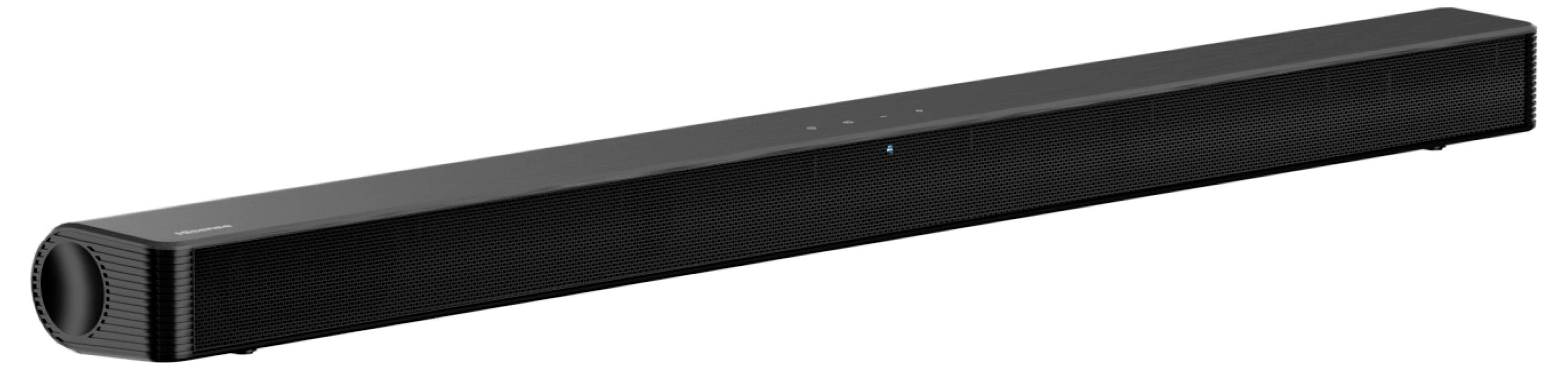 Eine schlichte schwarze Soundbar mit minimalistischem Design, ausgestattet mit dezenten Bedienungstasten oben, geeignet zur Verbesserung der TV-Audioqualität.