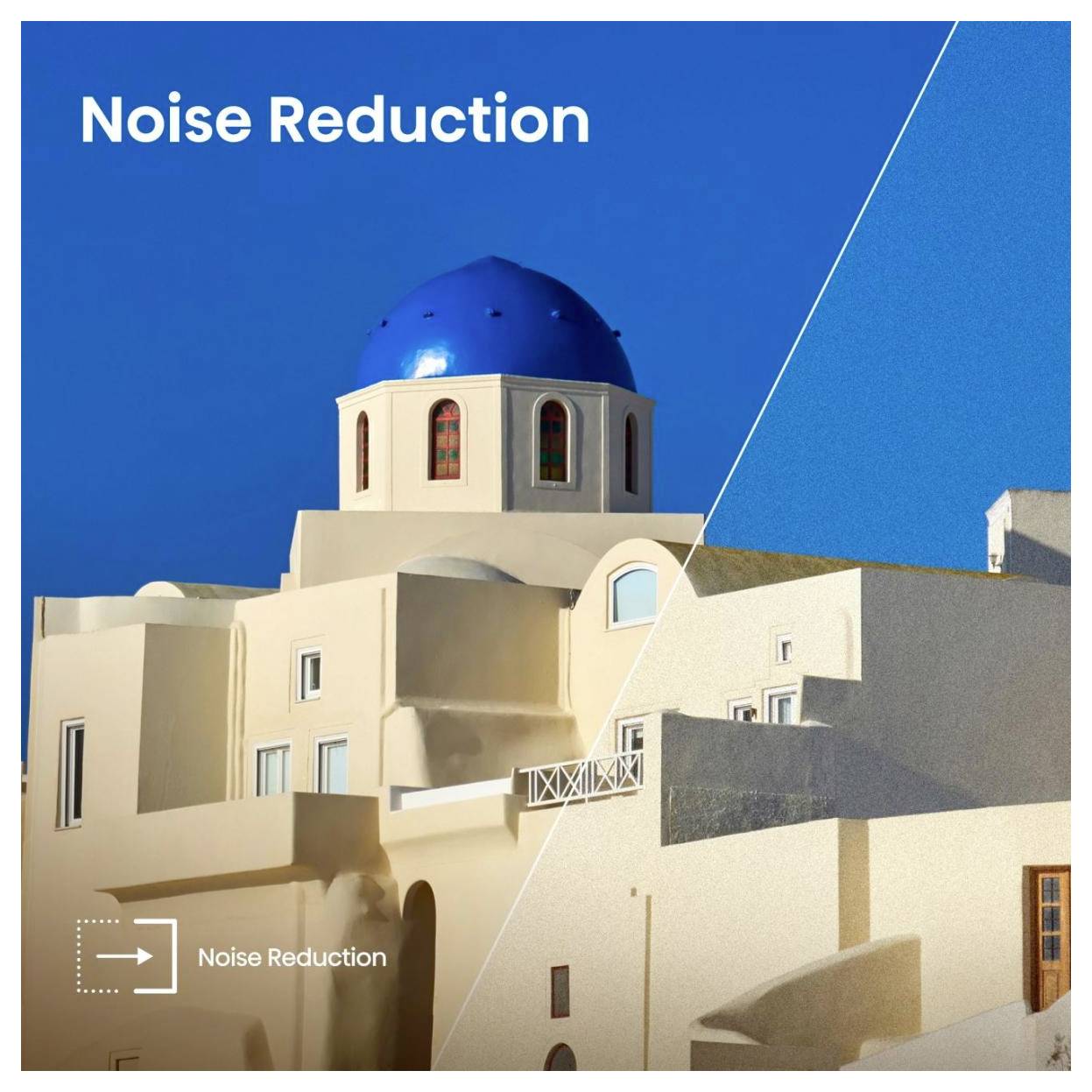 Rauschunterdrückung - Darstellung mit einer geteilten Ansicht eines Gebäudes mit einer blauen Kuppel; links: leuchtende Farben, rechts: weniger Details und gedämpfte Töne.