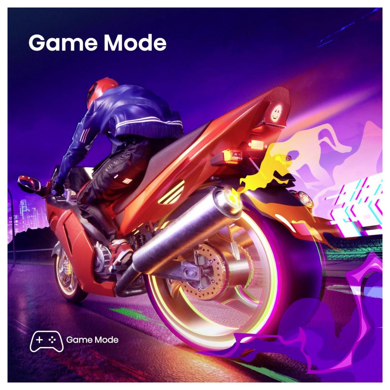 Ein Motorradfahrer in futuristischer Montur fährt ein leuchtendes, neonbeleuchtetes Motorrad bei Nacht, betitelt mit ‚Game Mode' mit Gaming-Symbolen drumherum.