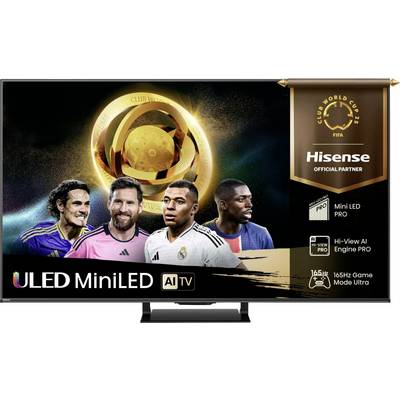 Ein Werbebild eines Hisense ULED MiniLED KI-Fernsehers mit Fußballspielern. Der Fernseher präsentiert Funktionen wie Mini LED PRO und 165Hz Game Mode Ultra.