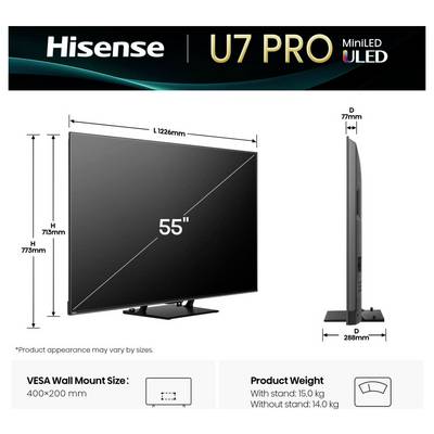 'Hisense U7 Pro MiniLED ULED TV, 55-Zoll-Display. Abmessungen: 1226 mm Breite, 713 mm Höhe, 288 mm Tiefe mit Ständer. VESA-Größe: 400x200 mm.'