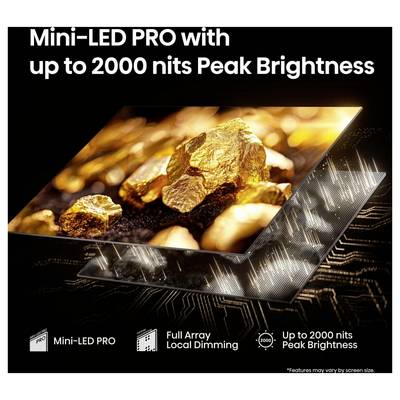 Mini-LED PRO mit bis zu 2000 Nits Spitzenhelligkeit oberhalb eines Bildes eines Bildschirms, der goldene Nuggets und Lichteffekte zeigt. Icons weisen auf Mini-LED PRO, Full-Array-Local-Dimming und Spitzenhelligkeits-Funktionen hin.