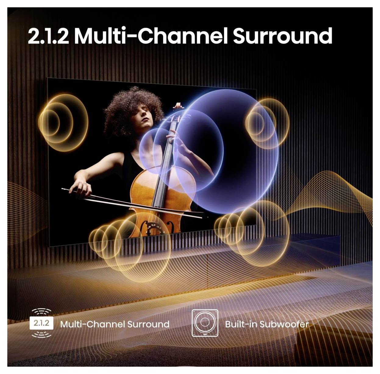 Eine Person spielt auf einem Bildschirm Cello und veranschaulicht den '2.1.2 Mehrkanal-Surround'-Sound mit visuellen Schallwellen, wobei der 'Eingebaute Subwoofer' hervorgehoben wird.