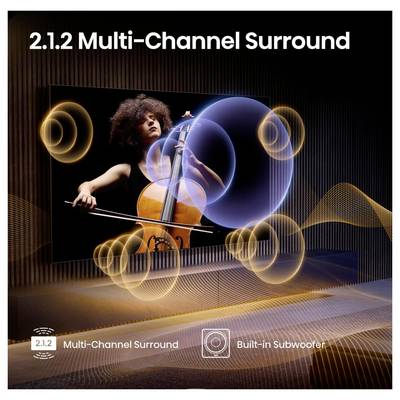 Eine Person spielt auf einem Bildschirm Cello und veranschaulicht den '2.1.2 Mehrkanal-Surround'-Sound mit visuellen Schallwellen, wobei der 'Eingebaute Subwoofer' hervorgehoben wird.
