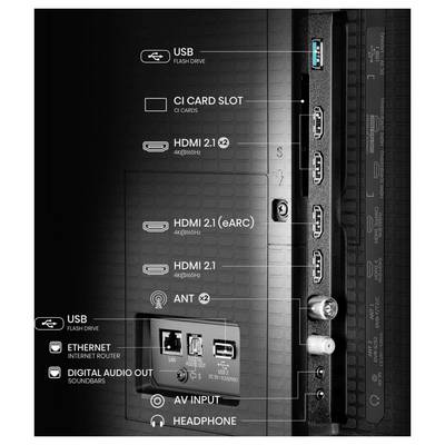 Seitenansicht eines Fernsehers mit verschiedenen Anschlüssen: zwei HDMI 2.1, ein HDMI 2.1 (eARC), ein USB, CI-Kartensteckplatz, Antenne, Ethernet, digitaler Audioausgang, AV-Eingang und Kopfhörerbuchse.
