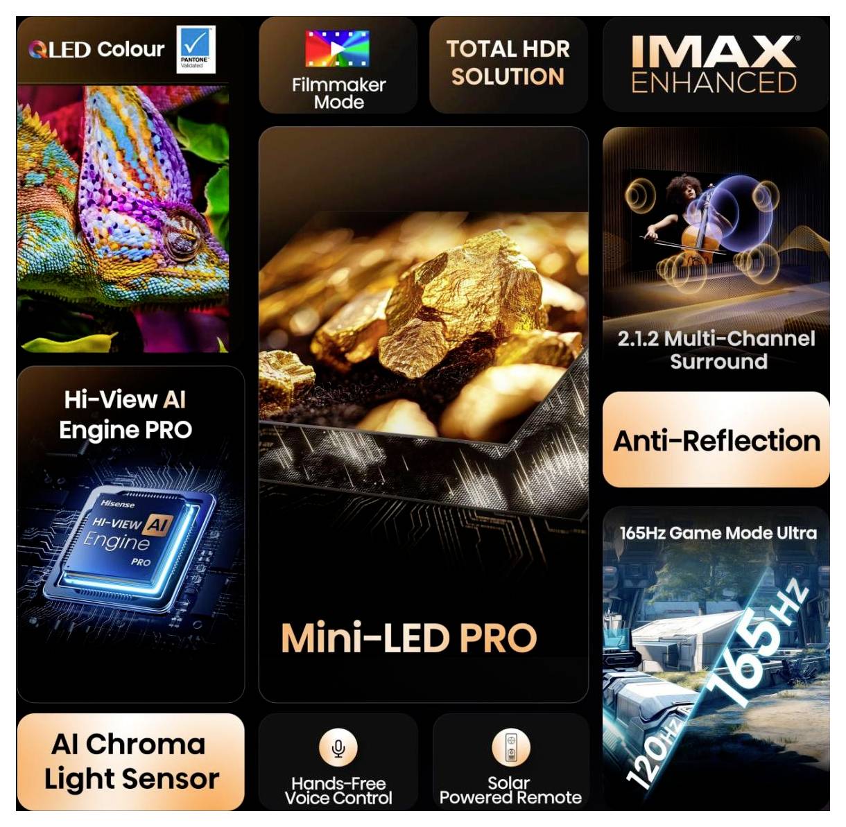'QLED Farbe, Filmemacher-Modus, Komplette HDR-Lösung, IMAX Enhanced, Hi-View KI-Motor PRO, Mini-LED PRO, 2.1.2 Multi-Kanal Surround, Reflexionsarm, KI Chroma Lichtsensor, 165Hz Spielmodus Ultra, Sprachsteuerung ohne Hände, Solarbetriebene Fernbedienung.'