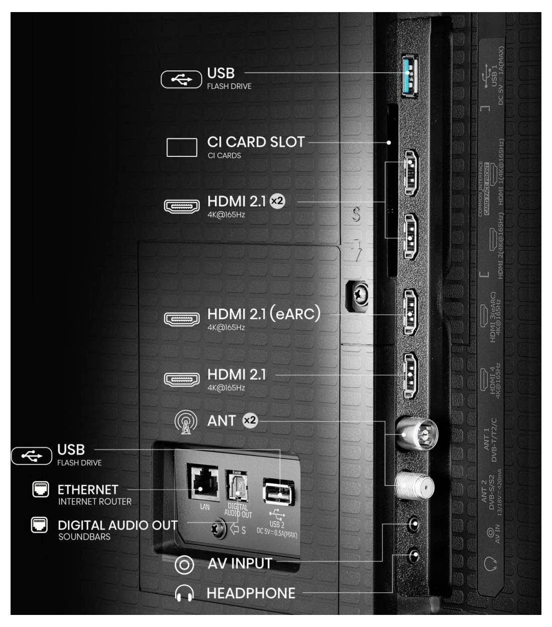 Seitenansicht eines Fernsehers mit Anschlüssen: USB, HDMI, CI-Kartensteckplatz, Ethernet, digitaler Audioausgang, AV-Eingang und Antennenanschluss.