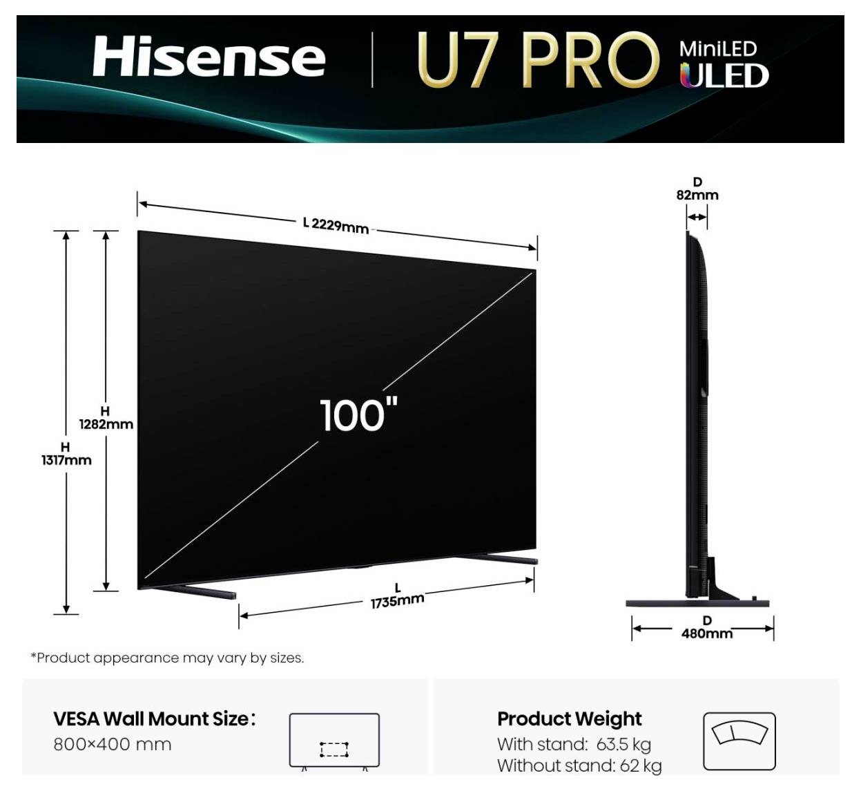 Hisense U7 Pro MiniLED ULED-Fernseher mit 100-Zoll-Bildschirm, Abmessungen 1228 mm x 1735 mm x 82 mm. VESA-Größe: 800x400 mm. Gewicht: 63,5 kg.