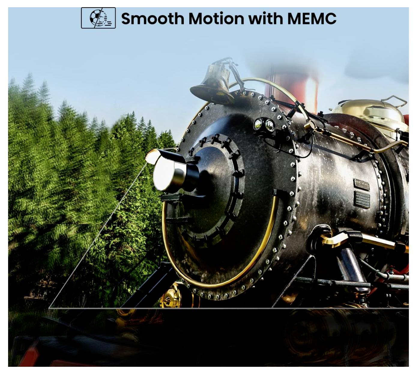 Ein schwarzer Dampfzug bewegt sich geschmeidig durch einen Wald und veranschaulicht die Wirkung der sanften Bewegung mit MEMC-Technologie.