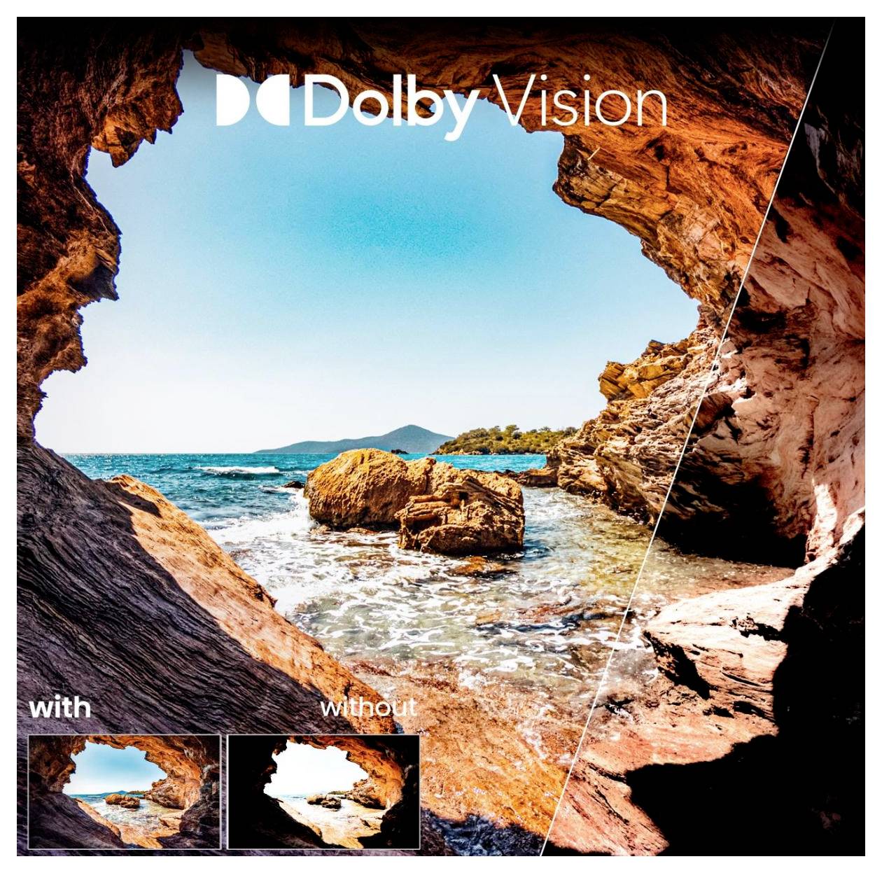 Eine malerische Aussicht auf eine felsige Küstenlandschaft, die durch eine Höhlenöffnung betrachtet wird und den Kontrast zwischen 'Dolby Vision' und Standard-Display veranschaulicht.