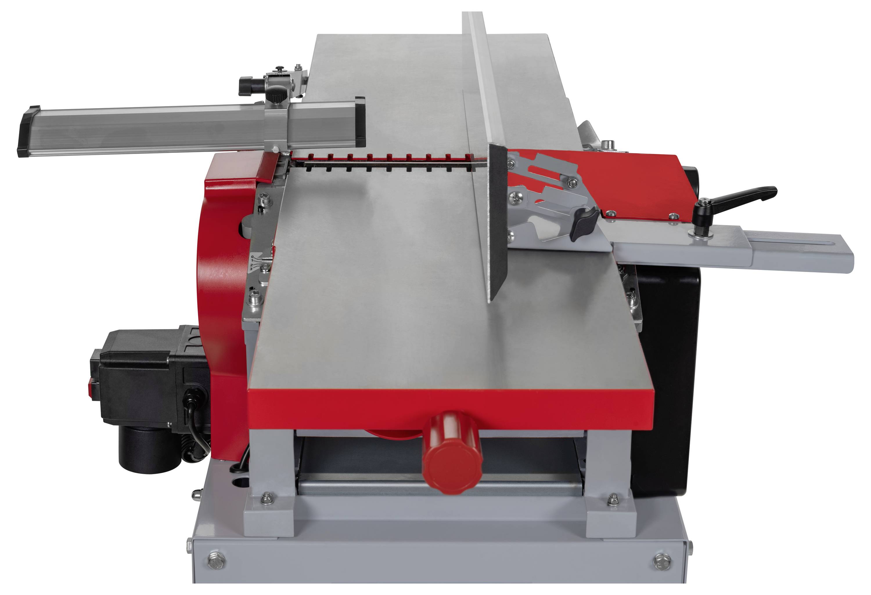 Hobel-Abrichthobel-Maschine mit roten und grauen Teilen, ausgestattet mit verstellbarer Führungsschiene und Motor, verwendet in der Holzbearbeitung zum Begradigen und Glätten von Brettern.