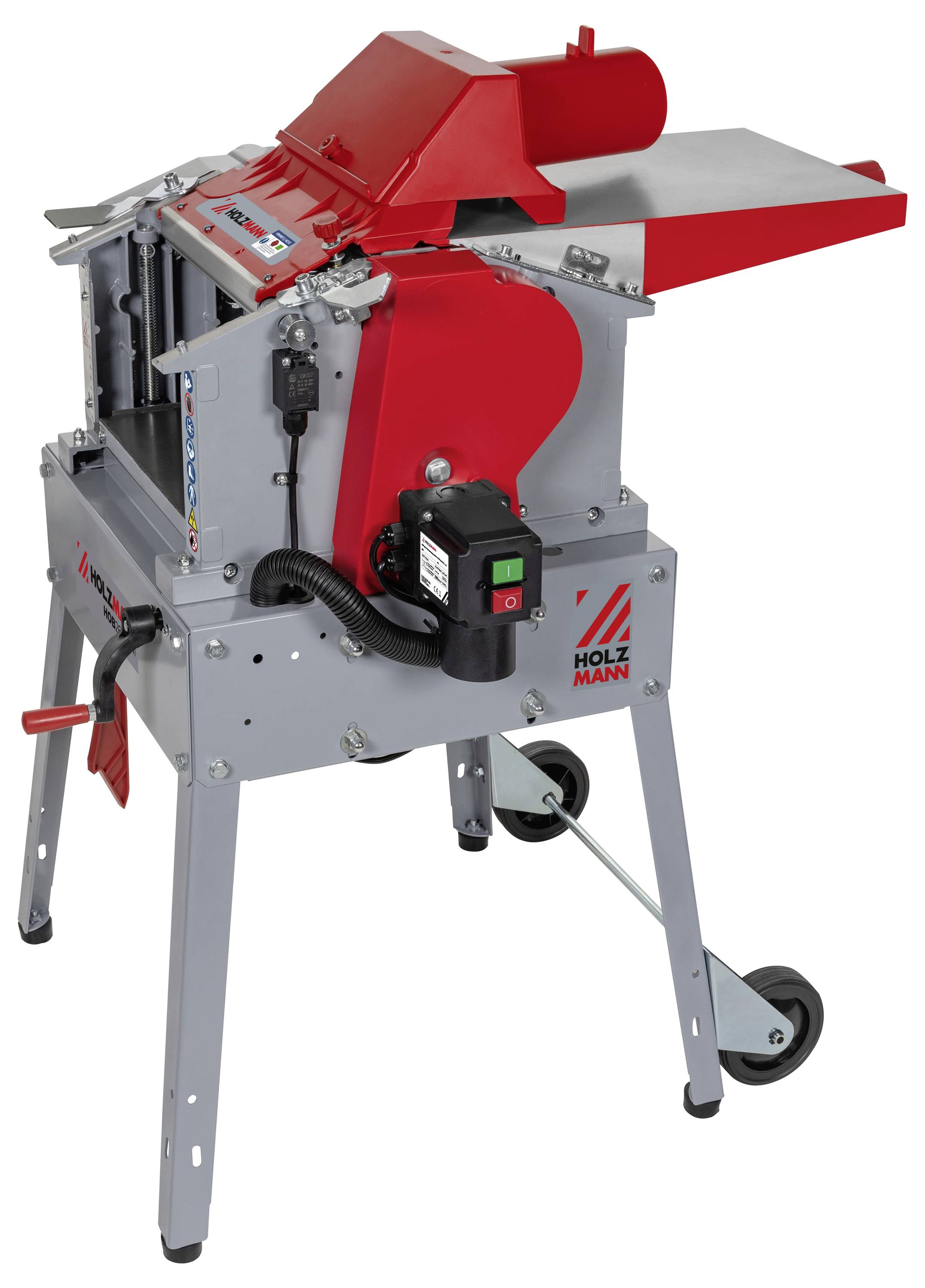 Eine rote und graue Holzhackmaschine auf Rädern, mit einem manuellen Griff und einem elektrischen Schalter an der Vorderseite.