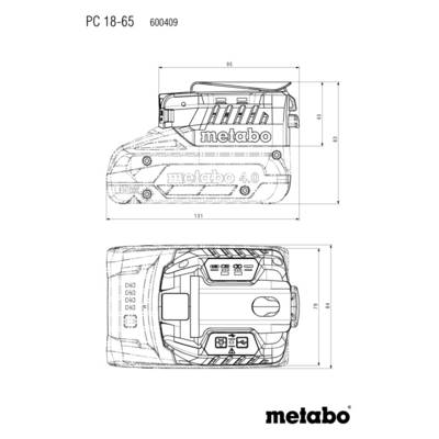 Technische Zeichnung einer Metabo PC 18-65 Batterie mit Abmessungen: 95 mm Höhe, 131 mm Länge, einschließlich Konstruktionsdetails und Markierung.