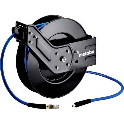 Eine schwarze Metabo automatische Luftschlauchaufroller mit einem blauen, teilweise abgewickelten Schlauch, die für die bequeme Lagerung und Ausgabe von Schläuchen konzipiert ist.