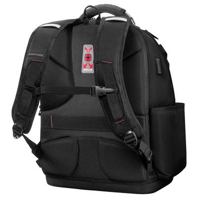 Schwarzer Rucksack mit gepolsterten Trägern und Rückseite, mit roten Akzenten und einer Seitentasche. Entwickelt für Komfort und Funktionalität.