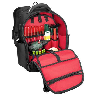 Ein offener Werkzeug-Rucksack, der organisierte Fächer mit verschiedenen Werkzeugen wie einem Bohrer, Schraubenziehern und Zangen zeigt.