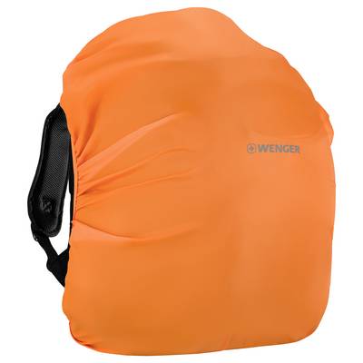 Ein orangefarbener Rucksack mit dem 'Wenger'-Logo auf der Vorderseite, mit einem gepolsterten Träger, der auf der linken Seite sichtbar ist.
