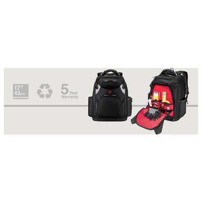 Schwarzer Rucksack, geeignet für 17" (43 cm) Laptops mit verschiedenen sichtbaren Fächern. Ausgestattet mit einer 5-Jahres-Garantie und einem Recycling-Symbol.