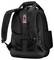 Ein schwarzer Rucksack mit mehreren Fächern und gepolsterten Schultergurten. Er verfügt über ein rot-graues Logo auf der Rückseite.