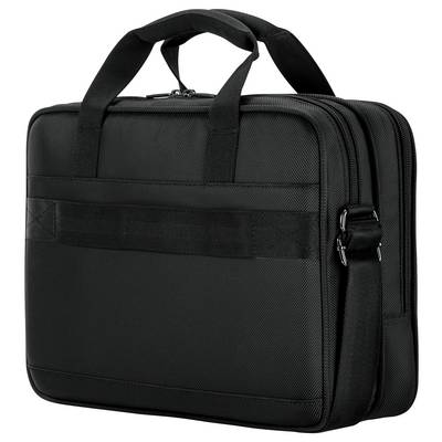 Eine schwarze Laptoptasche mit zwei Griffen, einem Schultergurt und einem Reißverschluss. Sie erscheint robust und für Mobilität konzipiert.