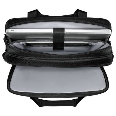 Schwarze Laptop-Tasche öffnen, in der ein Laptop teilweise herausschaut und die Innenräume sowie einen Klettverschluss-Riemen zur Sicherung des Geräts zeigen.