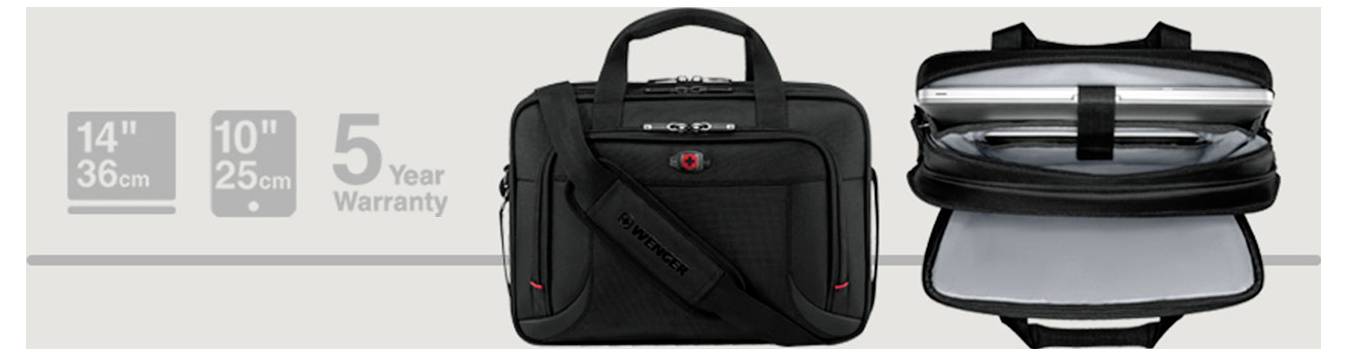 Eine schwarze Laptoptasche mit Tragegriff und Schulterriemen, geeignet für Laptops bis zu 14" / 36 cm, mit einer 5-Jahres-Garantie-Anzeige.