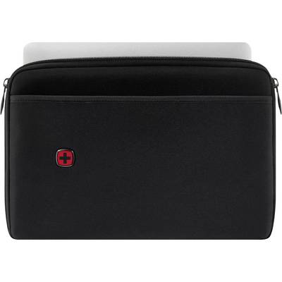 Eine schwarze Laptoptasche mit einem roten Kreuz-Logo auf der Vorderseite, teilweise geöffnet, sodass ein grauer Laptop im Inneren sichtbar ist.