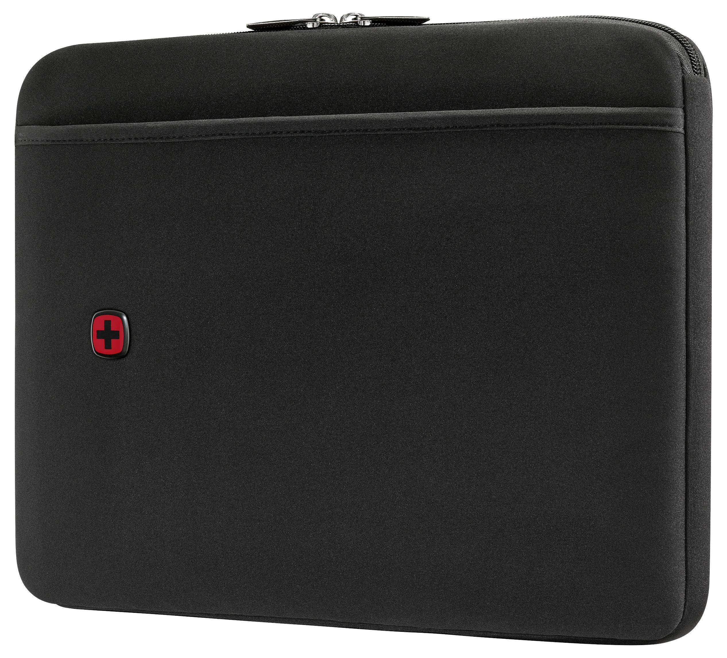 Eine schwarze Laptophülle mit einem kleinen rot-schwarzen Logo in der Ecke, ausgestattet mit einem Reißverschluss oben.