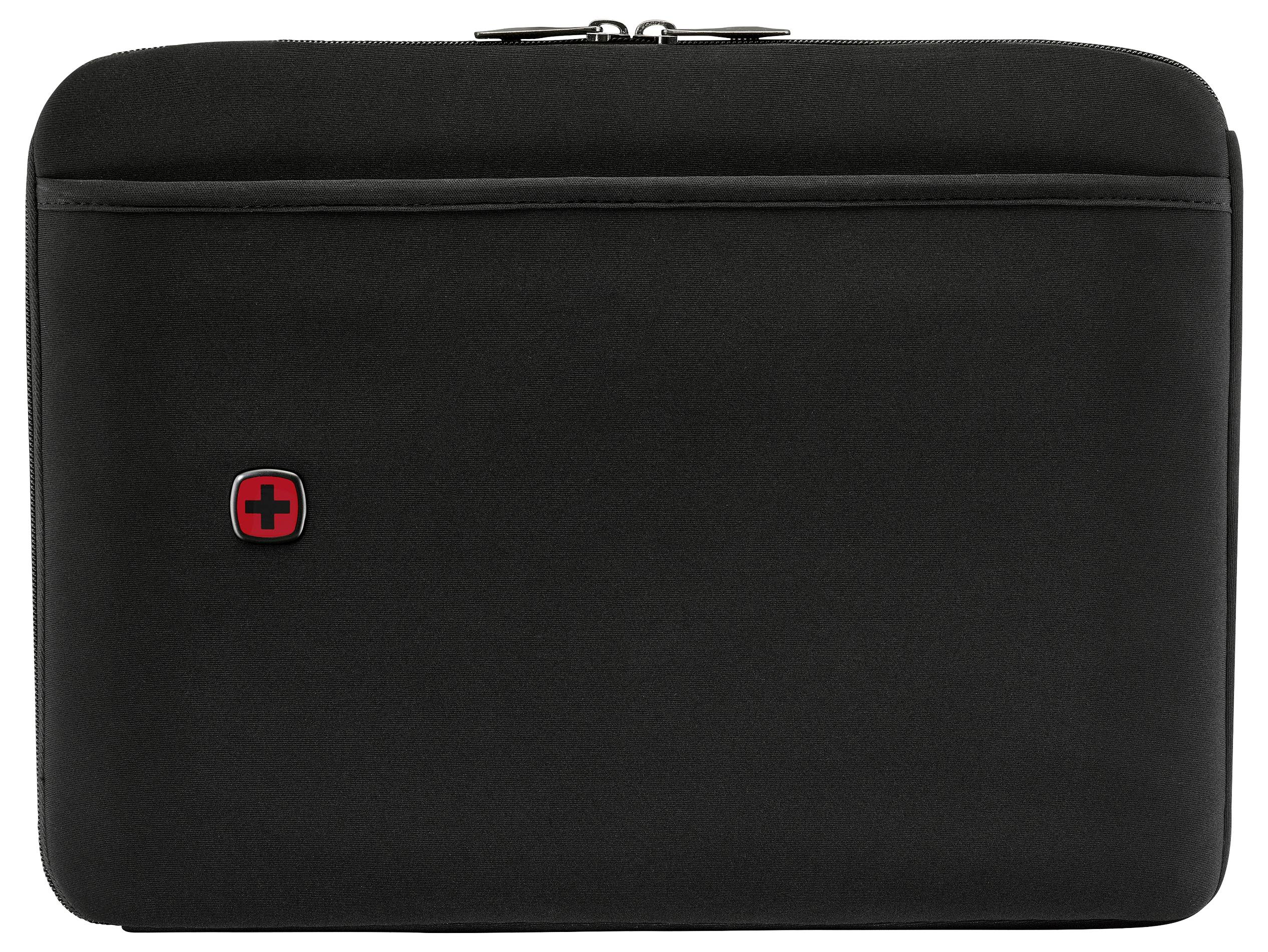 Eine schwarze Laptoptasche mit einem kleinen rot-weißen Kreuzlogo nahe der Mitte.
