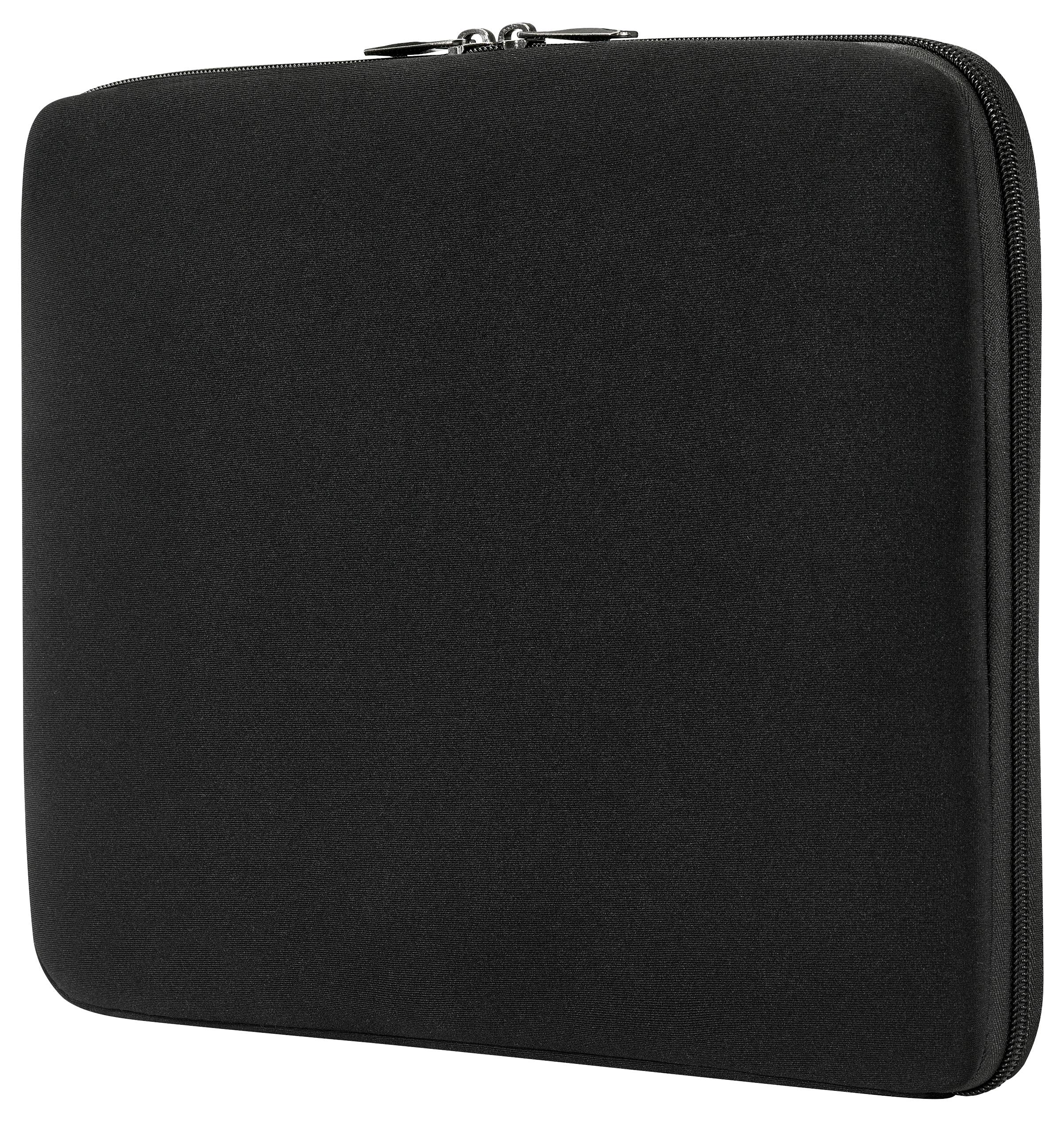 Eine schwarze Laptop-Tasche mit Reißverschluss, geschlossen und aufrecht stehend, entwickelt, um einen Laptop oder Tablet zu schützen.