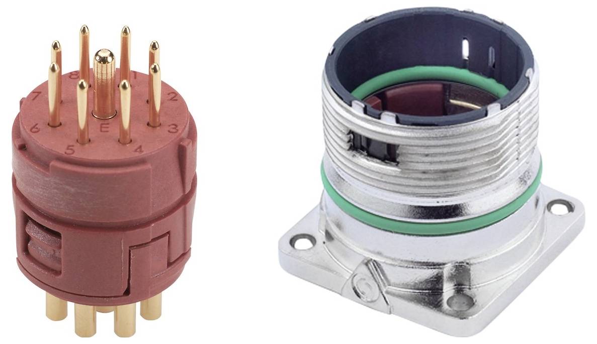 Ein 8-poliger männlicher elektrischer Stecker und eine entsprechende weibliche Buchse nebeneinander, die Kompatibilität anzeigen.