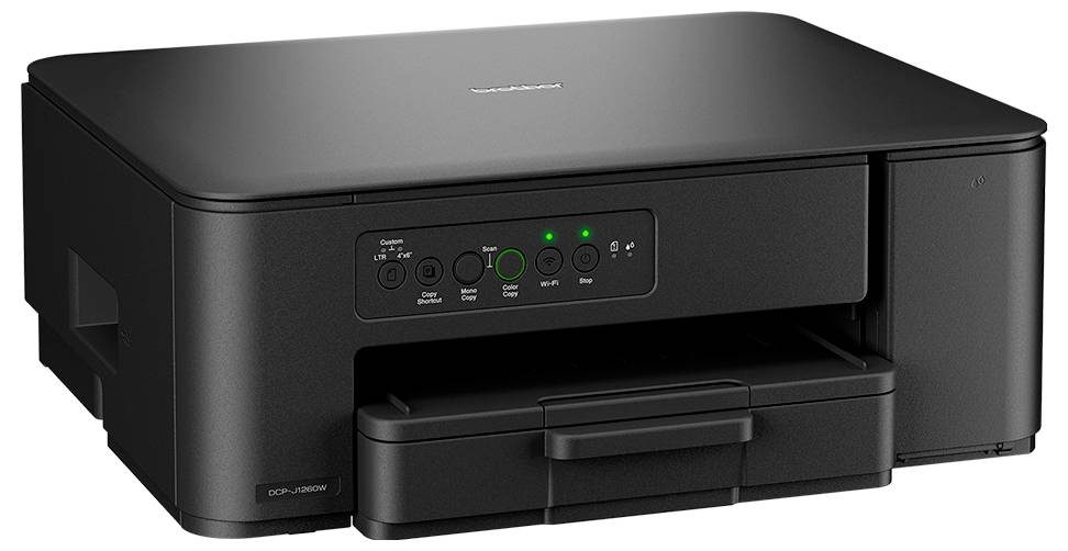 Ein schwarzer Multifunktionsdrucker mit Tasten zum Kopieren, Scannen und Drucken. Er verfügt über Kontrollleuchten, die den Betriebsstatus anzeigen.