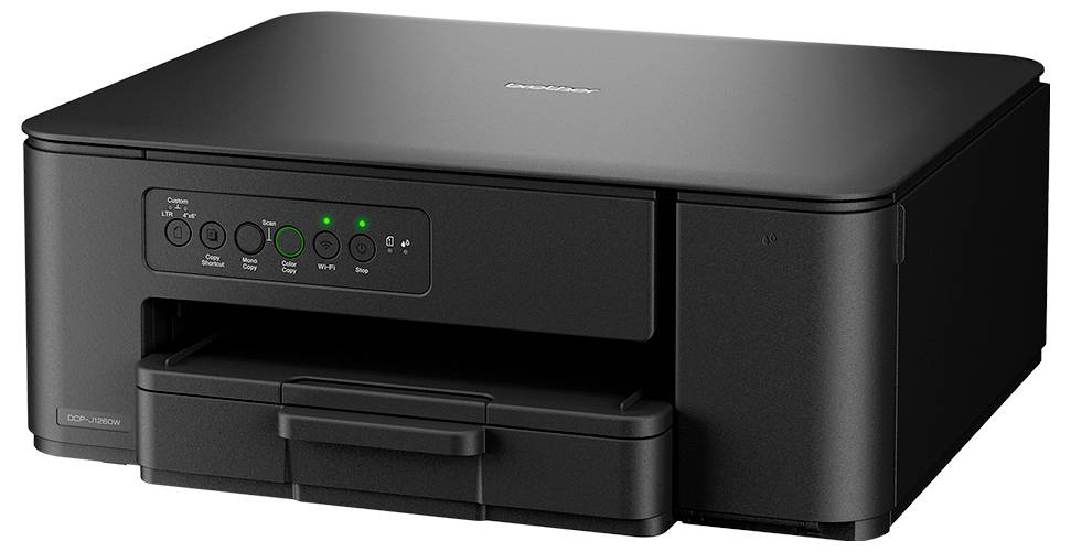 Ein schwarzer Multifunktionsdrucker mit Steuerungstasten oben, der den Betriebsstatus und die Konnektivität mit grünen Anzeigelichtern zeigt.