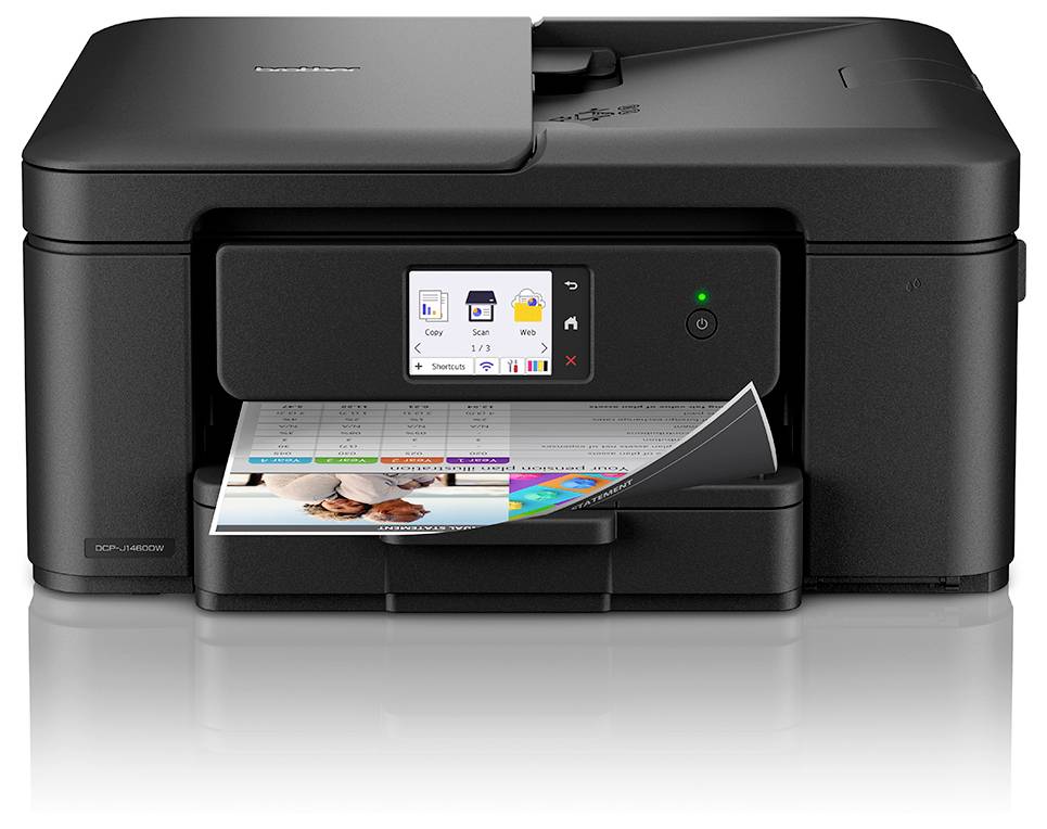 Ein schwarzer Multifunktionsdrucker mit Touchscreen zeigt Optionen zum Kopieren und Drucken an. Ein farbiges Dokument mit einem Bild wird gerade gedruckt.