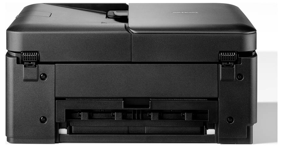 Ein schwarzer Drucker, von vorne betrachtet, der sein Papierfach und sein kompaktes Design zeigt.