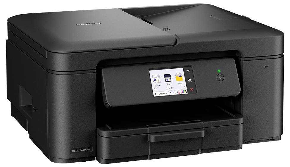 Ein schwarzer Multifunktionsdrucker mit digitaler Anzeige und mehreren Tasten, der zum Drucken, Scannen und Kopieren von Dokumenten geeignet ist.