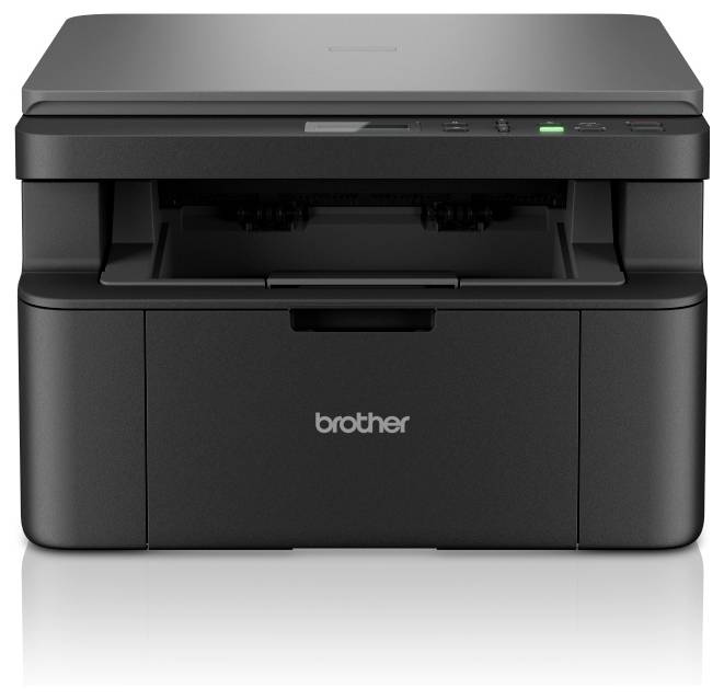 Ein schwarzer Multifunktions-Laserdrucker mit "Brother"-Logo an der Vorderseite, ausgestattet mit einem Papierausgabefach und Bedienfeld auf der Oberseite.