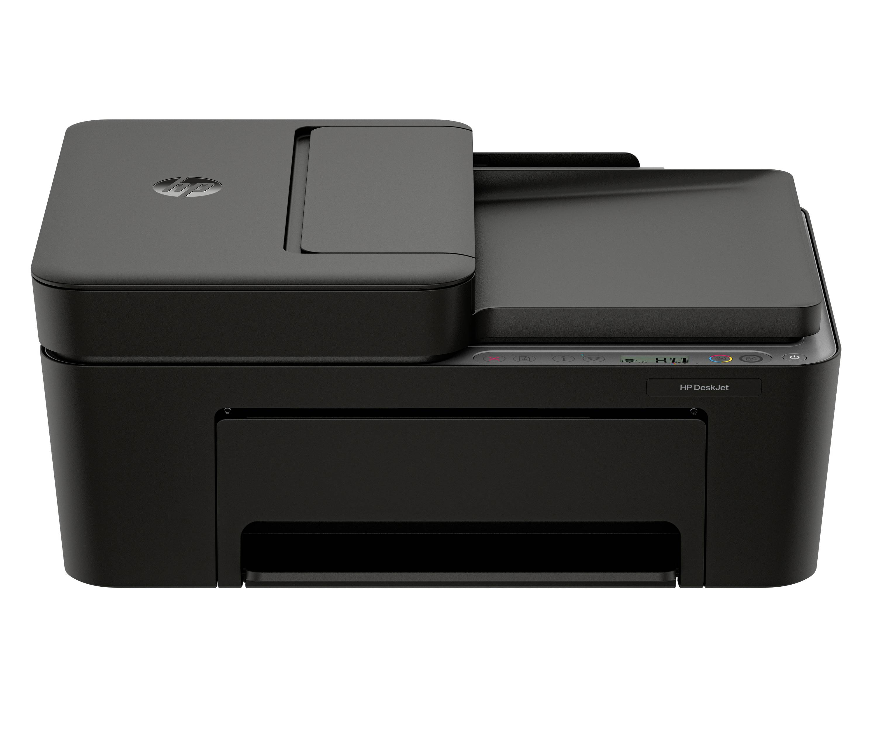 Schwarzer HP DeskJet Multifunktionsdrucker auf weißem Hintergrund, Frontansicht mit sichtbarem Scanner-Deckel und Bedienfeld.