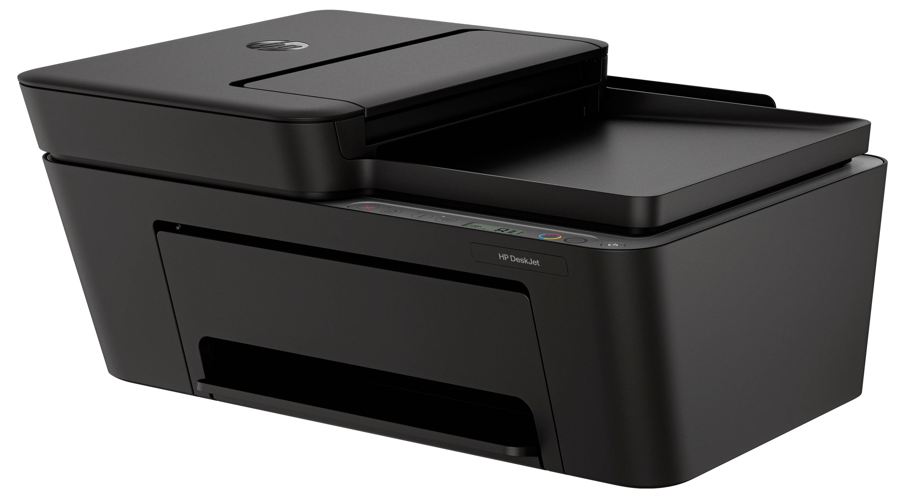 Schwarzer Multifunktionsdrucker mit Scannerverschluss, vorderes Papierfach und Ausgabeschacht, shown auf weißem Hintergrund.