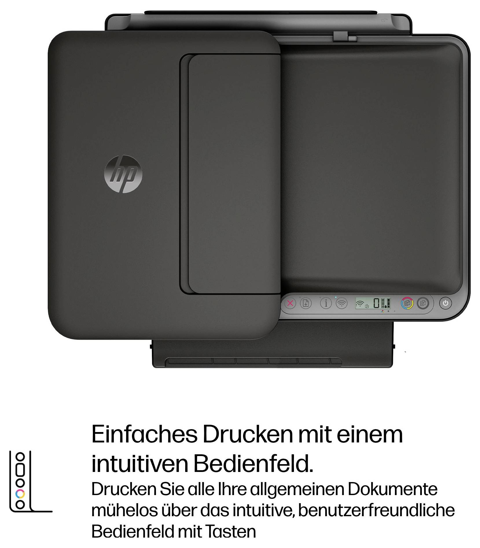 Schwarzer HP-Drucker mit vorderem Touchscreen und Steuertasten; deutscher Text lautet „Einfaches Drucken mit einem intuitiven Bedienfeld" über einfaches Drucken mit einem intuitiven Bedienfeld.