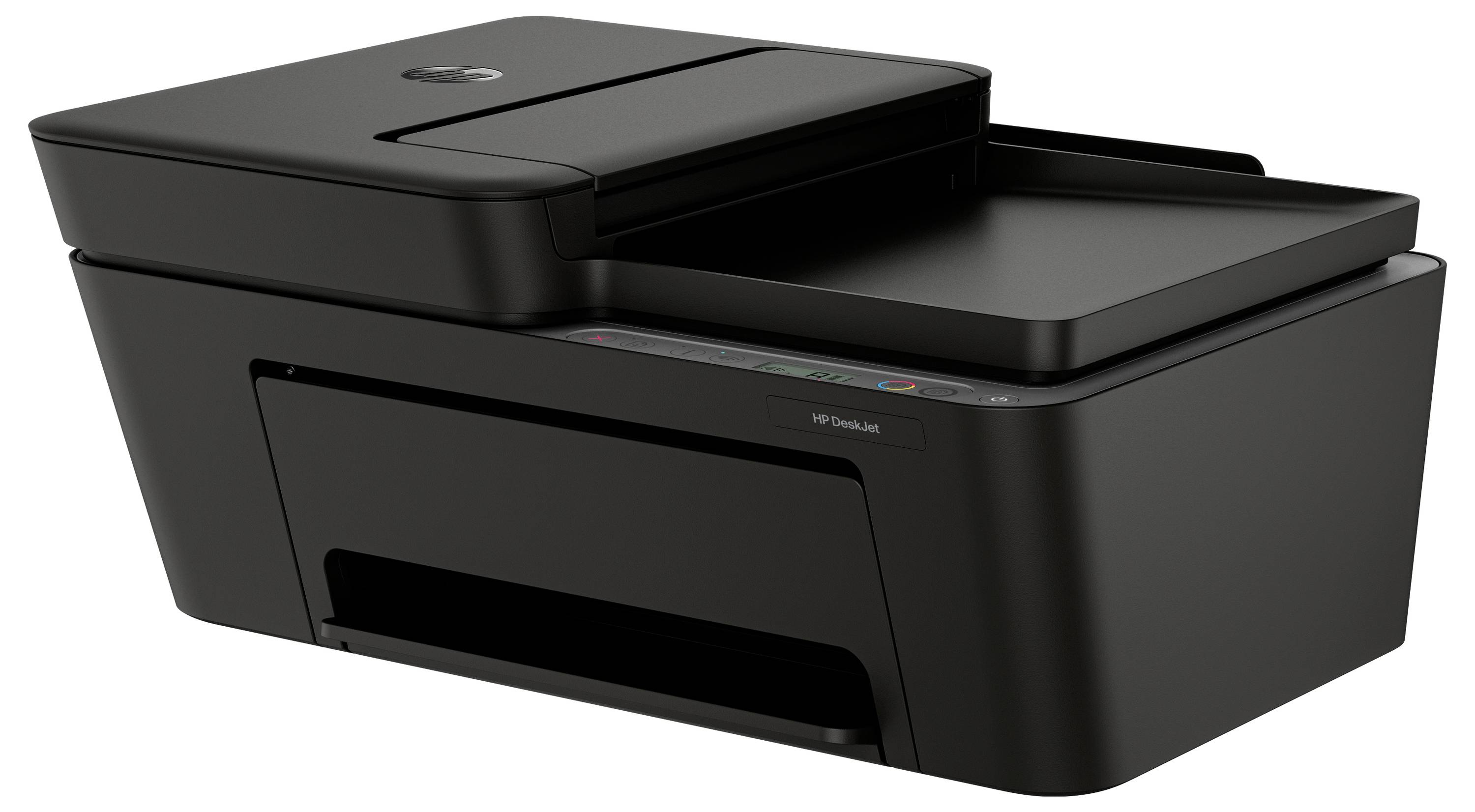 Schwarzer Multifunktionsdrucker mit Flachbettscanner und Papierfach, auf weißem Hintergrund dargestellt.