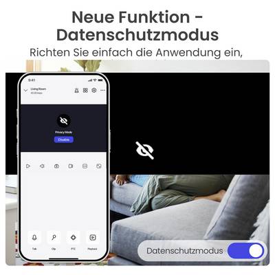 Werbung für 'Neue Funktion – Datenschutzmodus': Smartphone-App mit 'Privacy Mode', großem durchgestrichenem Auge und Schalter 'Datenschutzmodus' vor Wohnzimmerbild.
